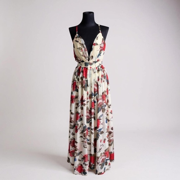 Luxxel Floral Maxi Dress with Red and Cream Accents - Picture 1 of 16